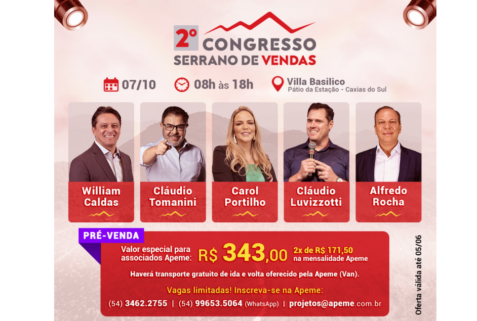 2º Congresso Serrano de Vendas: associados Apeme têm desconto no ingresso e transporte gratuito