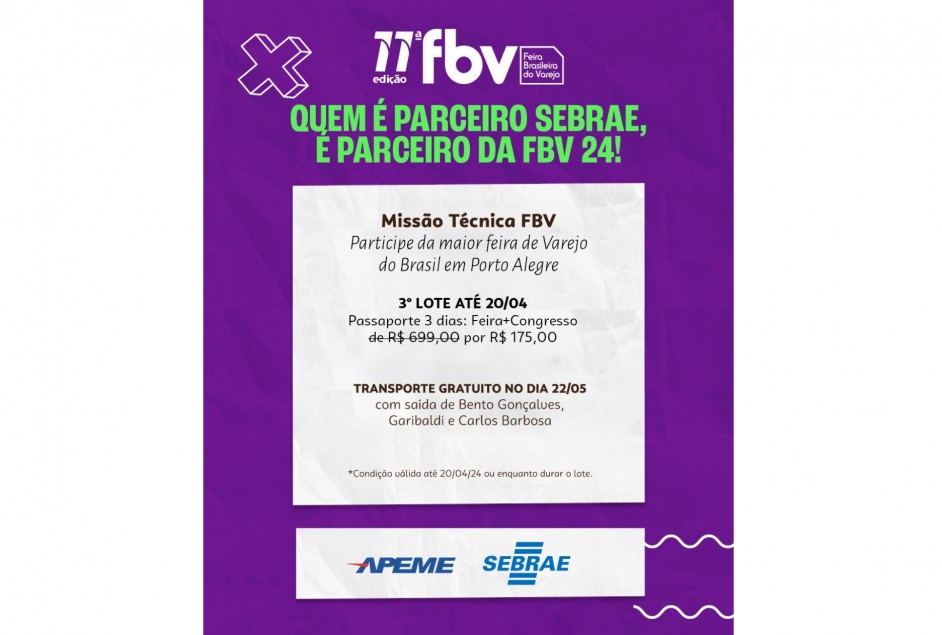 Parceria entre SEBRAE e Apeme garante valor promocional na compra do passaporte para a 11ª FBV