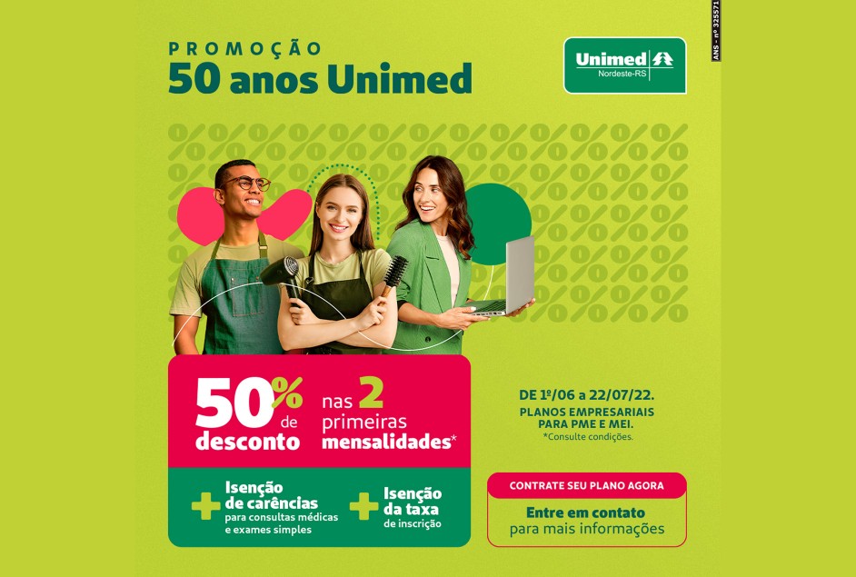 Unimed oferece 50% de desconto nas duas primeiras mensalidades, além de benefícios