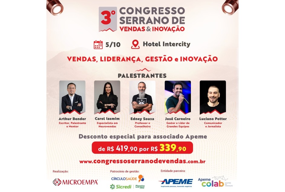 Desconto no ingresso e transporte gratuito para associados Apeme no 3º Congresso Serrano de Vendas e Inovação
